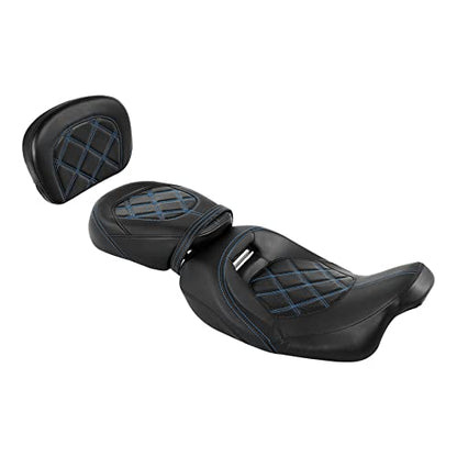 SLMOTO Motorcycle Seat with Sissy Bar Tour Trunk Pad Fit for Harley Davidson Touring King Street Glide Tri-Glide 2009-2020 Trike 2010-2023 CVO Bikes Blue Stitching Driver Passenger Seat+Tour Trunk - color: Seat + Passenger Backrest Black Blue#110