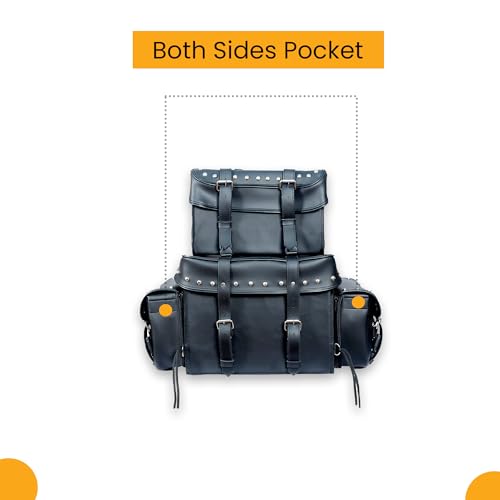 Leather Motorcycle Studded Sissy T Bar Bag - Weather Resistant Motorcycle 4 Piece Luggage Bag with Multiple Storage Compartments, Adjustable Mounting Rig, Removable Rain Cover (Black)