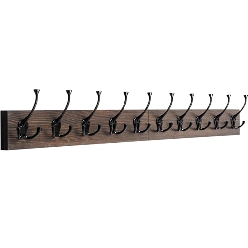 IBosins Wall Mounted Coat Rack with 10 Decorative Hooks, 34'' Long, Old Wood Color Coat Hanger, Rustic Coat Hooks Rail for Entryway Living Room Coat Scarf Bag Towel Hat - color: Old Wood Plate & Black Tri-Hook, size: 1 Item-10 Hooks