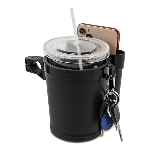 3-in-1 Bike Cup Holder with Cell Phone Keys Hook -Universal Water Bottle Holder for Walker/Wheelchair/Stroller/Scooter, Fits 0.87" Round Handlebar and 2.7" Cup Base,Black - color: black