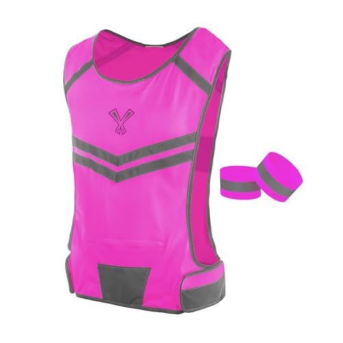 Reflective Running Vest with Pocket & 2 Bands with High visibility for Night Running, Walking & Cycling - color: Pink, size: X-Large