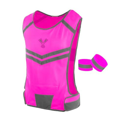 Reflective Running Vest with Pocket & 2 Bands with High visibility for Night Running, Walking & Cycling - color: Pink, size: Medium