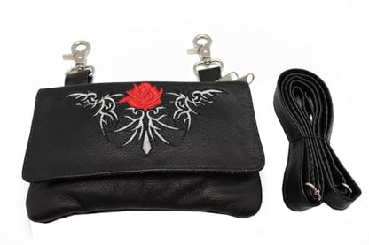 Hip Purse For Women Leather Clipon Purse for Biker Red Flower Fanny Pack Waist Pack Motorcycle Leg Bag Leather Belt Pouch Crossbody Belt - color: Red Flower