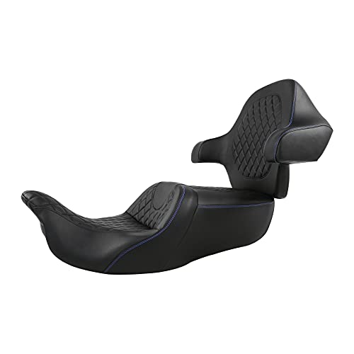 SLMOTO Gel Hammock Seat + Passenger Backrest Fit for Harley Touring Road King Glide Street Glide Electra Glide 2014-2023 Black Blue Motorcycle 2 Up Rider Driver Seat Passenger Pad Sissy Bar - color: Gel Style B Blue Seat + Backrest