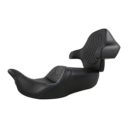 SLMOTO Gel Hammock Seat + Passenger Backrest Fit for Harley Touring Road King Glide Street Glide Electra Glide 2014-2023 Black Blue Motorcycle 2 Up Rider Driver Seat Passenger Pad Sissy Bar - color: Gel Style B Blue Seat + Backrest