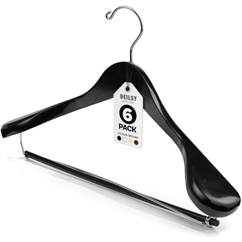 DEILSY™ Black Suit Hangers for Men with Non-Slip Pants Bar & 360° Swivel Hook - Smooth Finish Wooden Coat Hangers, Heavy Duty Wooden Hanger – Pack of 6 - color: Black