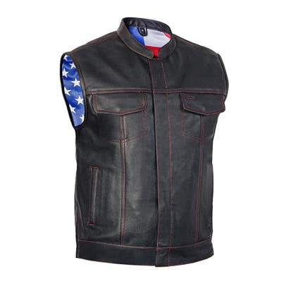 Daniel Smart Leather Vest Premium Soft Buffalo Milled leather with American Flag lining and Inside Pockets - size: Small
