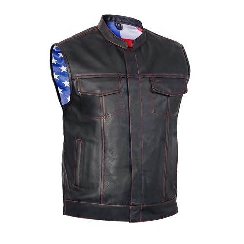 Daniel Smart Leather Vest Premium Soft Buffalo Milled leather with American Flag lining and Inside Pockets - size: Medium