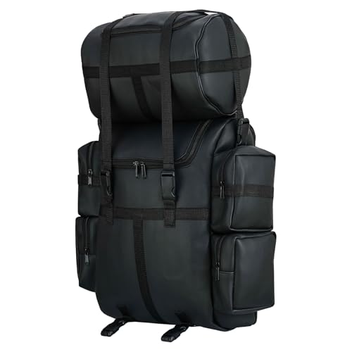 Expandable Black PU Motorcycle Sissy Bar Bag, Weather Resistant Luggage with Secure Mounting and Multiple Storage Compartments