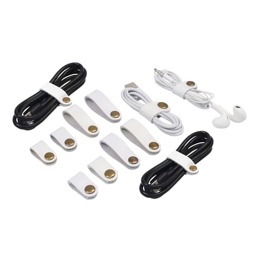 Leather Cable Straps Cord Organizer - Coideal 20 Pcs Earphone Cables Ties Reusable USB Cord Keeper with Snap Cord Clips Holder for Phone (Small + Large, White) - color: White