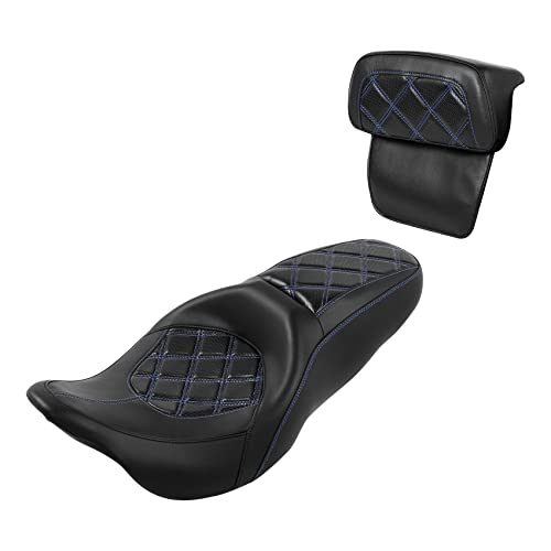 C.C. RIDER Classic Seat Backrest Pad - Driver Seat Rider Sissy Bar Passenger Backrest Pad Kit fit for Harley Davidson Touring Road King Street Glide Electra Glide Road Glide 2014-2023 - color: Seat + Passenger Sissy Bar Black Blue