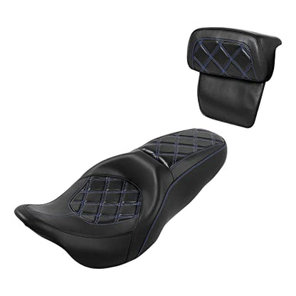 C.C. RIDER Classic Seat Backrest Pad - Driver Seat Rider Sissy Bar Passenger Backrest Pad Kit fit for Harley Davidson Touring Road King Street Glide Electra Glide Road Glide 2014-2023 - color: Seat + Passenger Sissy Bar Black Blue