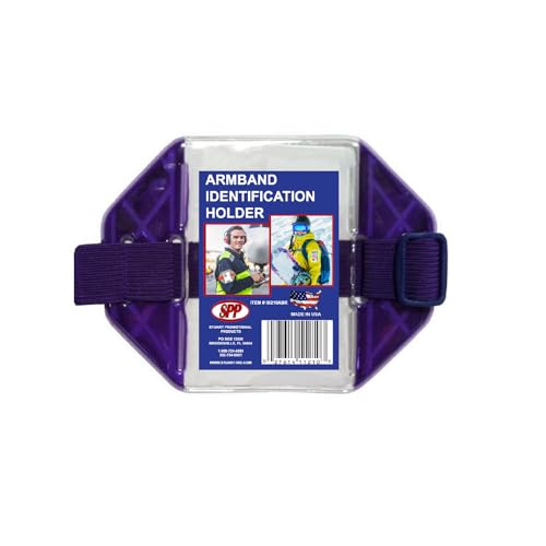 Reflective Purple Armband Badge Holder, Purple Stretch Band, Blue Buckle, Fits 2 3/4" x 4 1/8" Cards, Top Slit, Made in USA - color: Purple/Blue, size: 1 Pack