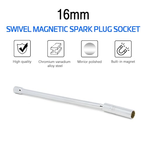 A ABIGAIL 16mm Thin Wall Swivel Magnetic Spark Plug Socket 3/8 Inch Drive x12 inch Total Length 12-Point 5/8 Inch Spark Plug Socket Removal Tool Compatible with Motorcycle, Car, SUV, BMW - size: 16mm-12inch