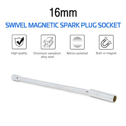 A ABIGAIL 16mm Thin Wall Swivel Magnetic Spark Plug Socket 3/8 Inch Drive x12 inch Total Length 12-Point 5/8 Inch Spark Plug Socket Removal Tool Compatible with Motorcycle, Car, SUV, BMW - size: 16mm-12inch