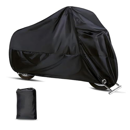Motorcycle Cover, All-season Waterproof Protective Outdoor Shield with Lock-holes, Polyester Motorbike Cover with Storage Bag, for Up to 49.2" x 96.5" Motorcycles (Black)