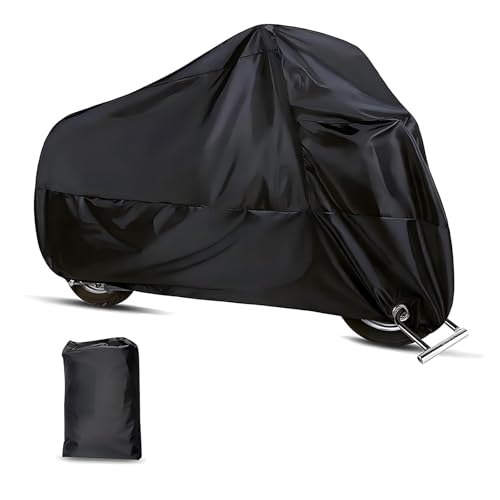 Motorcycle Cover, All-season Waterproof Protective Outdoor Shield with Lock-holes, Polyester Motorbike Cover with Storage Bag, for Up to 49.2" x 96.5" Motorcycles (Black)
