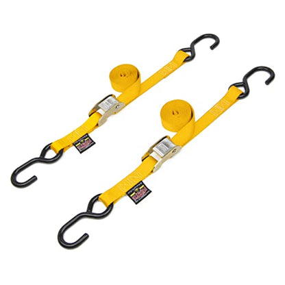 PowerTye 1in x 5.5ft Cam Buckle Tie-Downs w/S-Hooks - 400 lb. WLL / 1,200 lb. Breaking Strength - Made in USA - Yellow (Pair) - color: Yellow