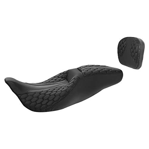 Rider Seat Cushion, SLMOTO 2-Up Motorcycle Seat One-Piece Driver Rider Passenger Seat and Sissy Bar Pad For Harley Touring Road King Street Glide Street Electra Road Glide 2014-2023 - color: Black + Passenger Backrest PAD
