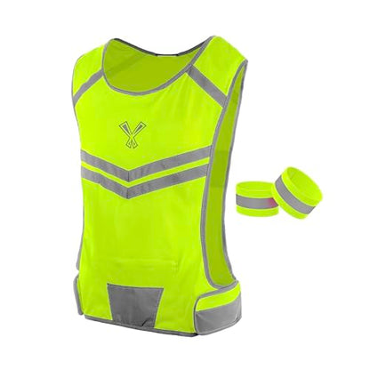 Reflective Running Vest with Pocket & 2 Bands with High visibility for Night Running, Walking & Cycling - color: Yellow, size: Medium