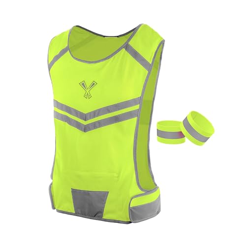 Reflective Running Vest with Pocket & 2 Bands with High visibility for Night Running, Walking & Cycling - color: Yellow, size: X-Large