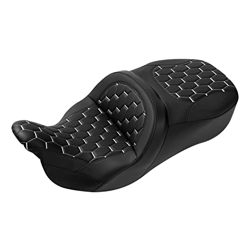 C.C. RIDER Motorcycle Driver Passenger Seat - Fat Diamond Pro 2-Up One-Piece Seat fit for Harley Touring Road King FLHR Street Glide FLHX Road Glide FLTRX 2009-2023 - color: 16# Gel White