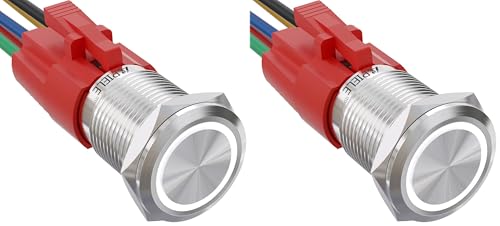 APIELE 16mm Latching Push Button Switch 12V DC Angel Eye Halo Ring LED Metal 1NO1NC SPDT with Wire Socket Plug (White) (Pack of 2) - color: Silver Shell-White, size: Silver Shell (Pack of 2)