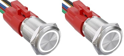 APIELE 16mm Latching Push Button Switch 12V DC Angel Eye Halo Ring LED Metal 1NO1NC SPDT with Wire Socket Plug (White) (Pack of 2) - color: Silver Shell-White, size: Silver Shell (Pack of 2)