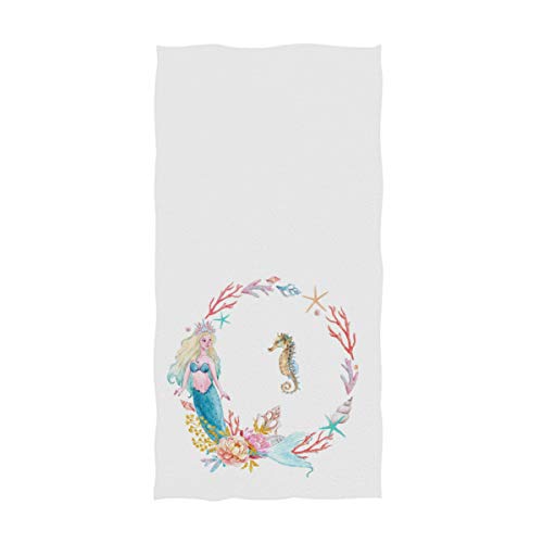 Naanle Beautiful Underwater Mermaid Play with Seahorse Starfish Print Soft Guest Hand Towel for Bathroom, Hotel, Gym and Spa (16 x 30 Inches,White) - color: Mermaid&seahorse