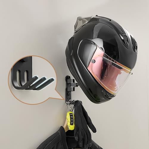 Wall Mounted Helmet Stand – Motorcycle Storage Hanger, 180 Degree Swivel Organizer | Display Rack, Metal Holder With Hooks For Jackets, Cycling Gear, Garage Equipment Storage