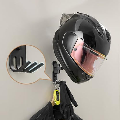 Wall Mounted Helmet Stand – Motorcycle Storage Hanger, 180 Degree Swivel Organizer | Display Rack, Metal Holder With Hooks For Jackets, Cycling Gear, Garage Equipment Storage