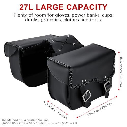 Dream Apparel Faux Leather Motorcycle Saddle Bags Throw Over Saddlebags, PVC Motorcycle Side Bags for Honda Shadow Sportster Softail Dyna V-star (Black, No Studs)