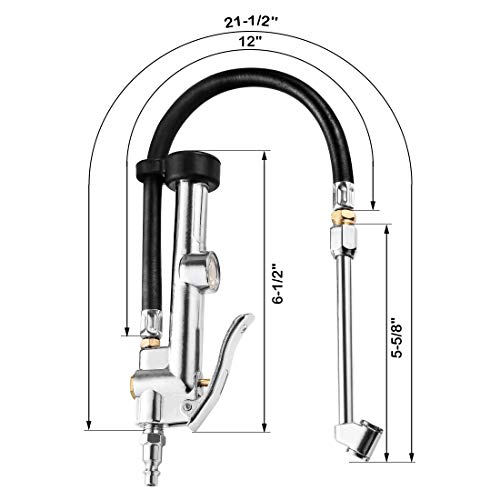 CZC AUTO Tire Inflator Air Pressure Gauge with Rubber Hose, 10-120PSI Dual Head Heavy Duty 1/4" FNPT Tyre Inflator Gage Compatible with Air Pump Compressor for Truck RV Bus Car Motorcycle Bike