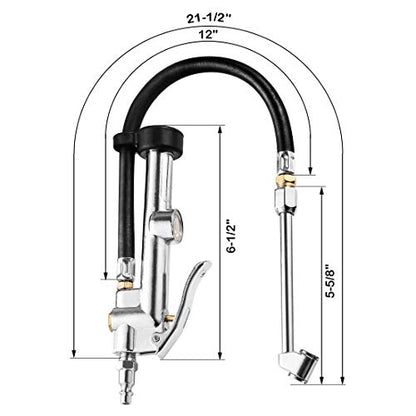 CZC AUTO Tire Inflator Air Pressure Gauge with Rubber Hose, 10-120PSI Dual Head Heavy Duty 1/4" FNPT Tyre Inflator Gage Compatible with Air Pump Compressor for Truck RV Bus Car Motorcycle Bike