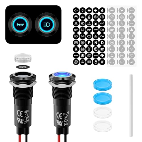 2Pcs LED Indicator Light Metal 180 Symbols 12V 24V Compatible 12mm Mounting Hole IP67 Waterproof Rating Ideal for DIY,Car, Boat, Motorcycle Dashboard Indicator Lights(Blue LED Light) - color: 12mm-Blue Light-2PCS