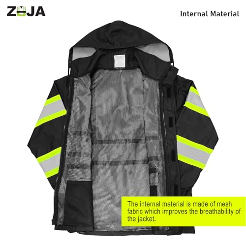 KARXICIY ZUJA Hi Vis Reflective Safety Jacket for Men Women Construction Jacket with Hood High Visibility Safety Rain Jacket - color: Black Rain Suit, size: Small