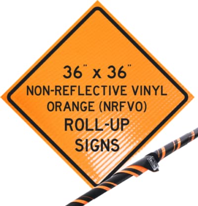 36" Non Reflective Fluorescent Vinyl Orange Roll-Up Warning Sign. Legend: UTILITY WORK AHEAD W21-7