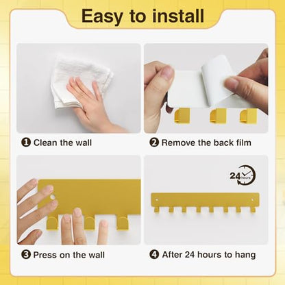 pickpiff Key Holder Wall Mount, Adhesive Key Rack with 8 Hooks Hanger for Car Key Ring, Metal Key Chain Organizer, Gold 1 Pack - color: Gold