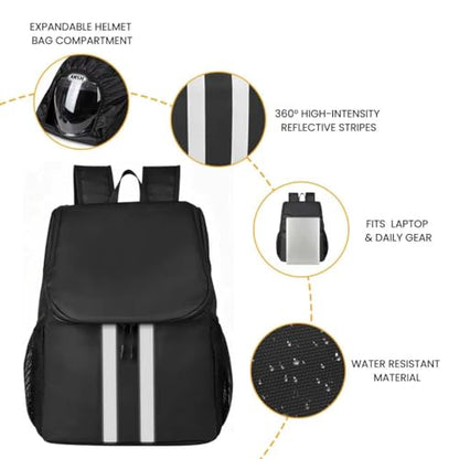 Motorcycle Backpack with Side Pockets,Waterproof Helmet Backpack,Reflective Large Capacity for Men & Women Commuting - color: Aterrimus