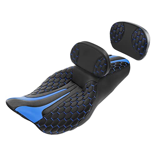C.C. RIDER Classic Motorcycle Touring Seat Set- Passenger Backrest PAD Rider Sissy Bar for Harley Davidson Touring Road King Street Glide Road Glide Electra Glide CVO 2009-2023 - color: Black Blue Rider Seat + Backrest