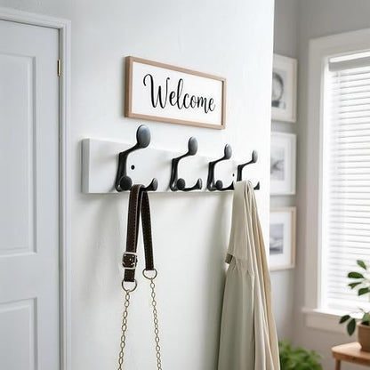 WEBI Coat Rack Wall Mount,24" Solid Wood Coat Hooks Wall Mounted Coat Hanger,16" Hole to Hole,Heavy Duty Hook Rack Rail,4 Triple Hooks for Hanging Coats,Jacket,Clothes,Hat,Backpack,White - color: White, size: 24 Inch