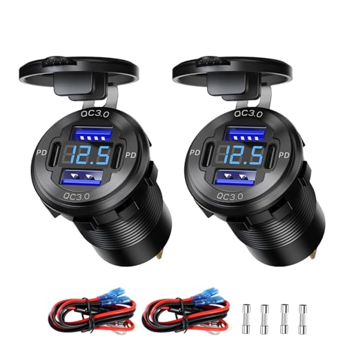 Upgraded 4 Port 12V USB Outlet Aluminum Car Charger, Dual PD & QC Multi Port for Car, Waterproof USB C Cigarette Lighter Replacement Socket with Voltmeter for Marine Boat Motorcycle RV (Pack of 2) - color: pack of two