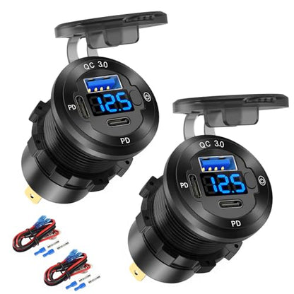 2 PACK 12V USB Car Socket Round USB C 12V Outlet, 3-Port Marine Fast Charger Waterproof Cigarette Outlet Replacement Aluminum with Switch and Voltmeter, Suitable for Boat Golf Cart RV Motorcycle - color: pack of two
