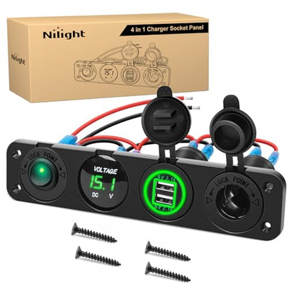 Nilight 4 in 1 ON Off Charger Panel Dual USB Power Outlet Green LED Voltmeter and Cigarette Lighter Outlet LED Lighted On-Off Rocker Toggle Switch for Truck Car Marine Boats RV - color: Green