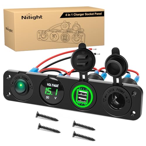 Nilight 4 in 1 ON Off Charger Panel Dual USB Power Outlet Green LED Voltmeter and Cigarette Lighter Outlet LED Lighted On-Off Rocker Toggle Switch for Truck Car Marine Boats RV - color: Green