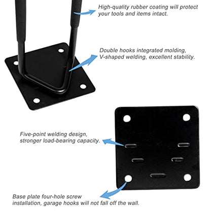 Garage Hook Hangers 2 Pcs, Shovel Holder Wall Mount, Rake Racks, Upgraded Ladder Hanger, Heavy Duty Folding Chair Rack, Garden Tool Hooks for Hanging Yard Tools, Ladders, Bikes and More
