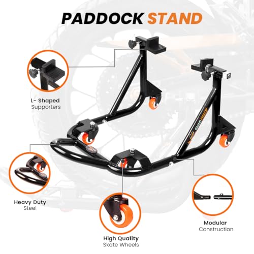 Grand Pitstop Universal Adjustable Rear Paddock Stand for Motorcycle with Swingarm Rest (360° Dismantable, Black, Motorcycle Weight Up to 500 lbs/ 226 Kgs)