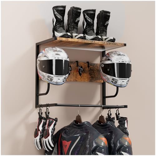 Motorcycle Helmet Holder Wall Mounted, Helmet Rack Wall Mount with Helmet Rack, 4 Glove Chips and 4 hooks, Rustic Helmets Holder and Motorcycle Helmets Racks for Most of Helmet and Clothes - color: Retro