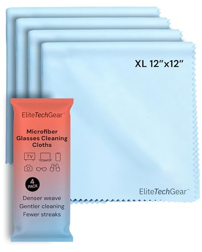Elite Tech Gear Large Eye Glass Clean Cloths (4-Pack) 12" x 12" - Streak-Free, Oversized Microfiber Cleaning Cloths for Glasses, Camera Lenses, Tablets and TVs (Blue) - color: Blue, size: 12'' x 12'' (Pack of 4)