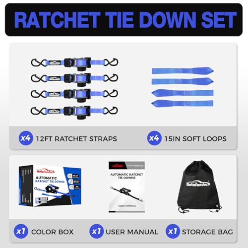 Heavy-Duty Retractable Ratchet Straps (4-Pack) – 1500 lb Break Strength Auto Self-Retracting Tie-Down Straps 1 inch x 12 Feet with Soft Loops, for Truck Motorcycle ATV Cargo Trailer - color: Blue Retractable
